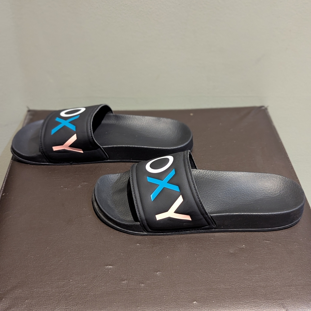 Roxy Black Slide Sandals with Blue and Pink Accents